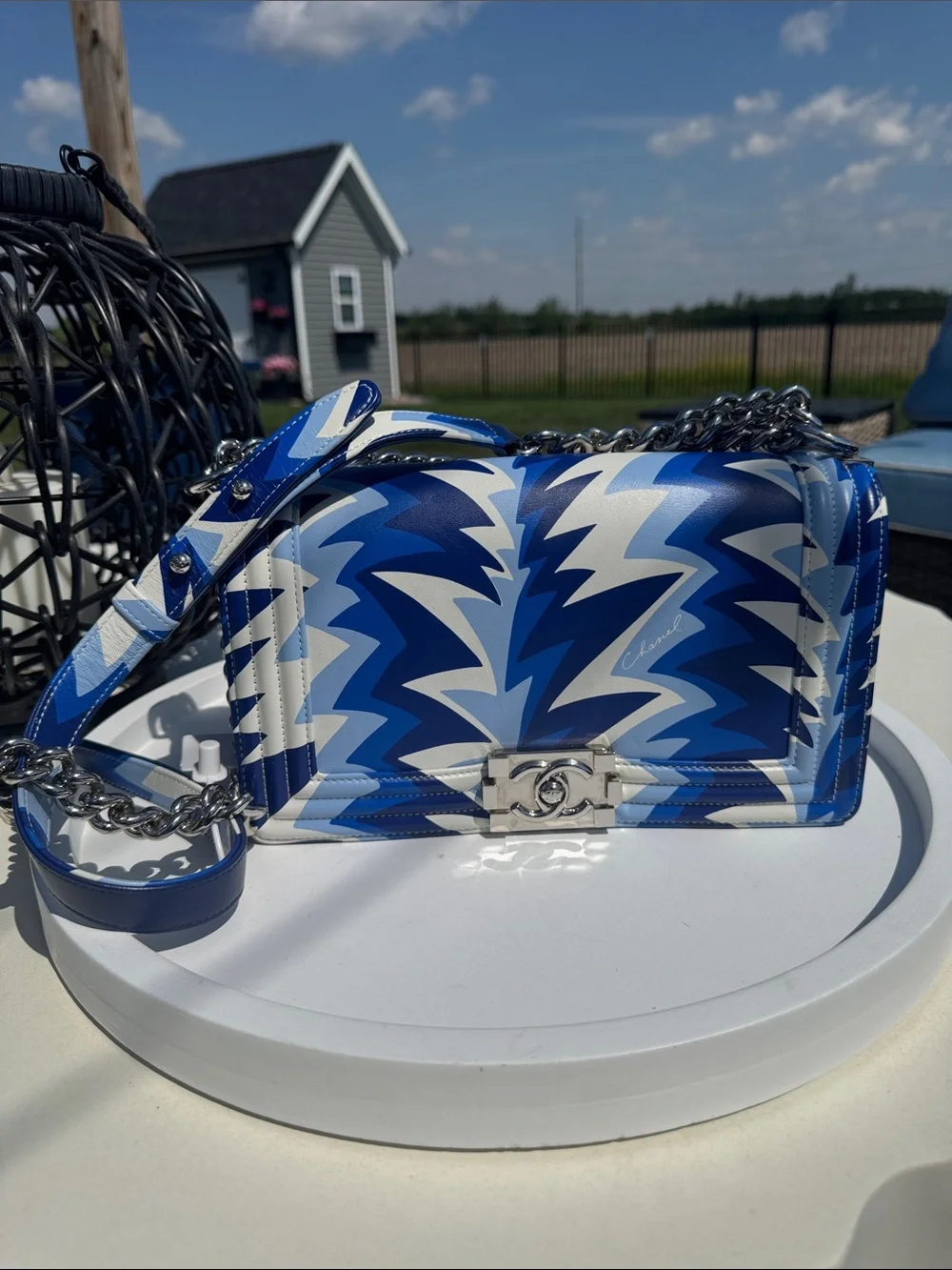 CHANEL Blue & White Chevron Boy Bag with Chain Strap
